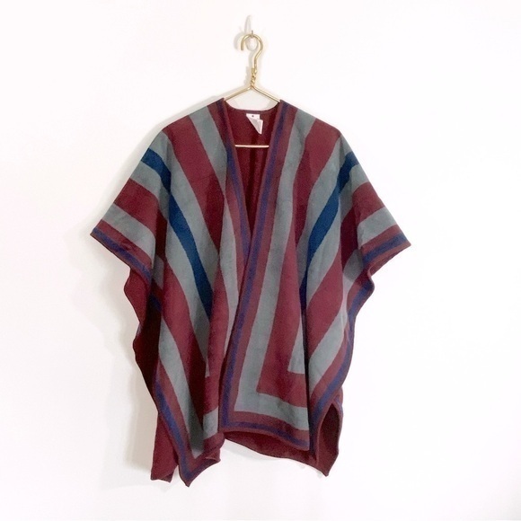 Woolrich‎ Maroon Gray Striped Blanket Poncho Cape Shawl OS One Size Fleece - Picture 1 of 7